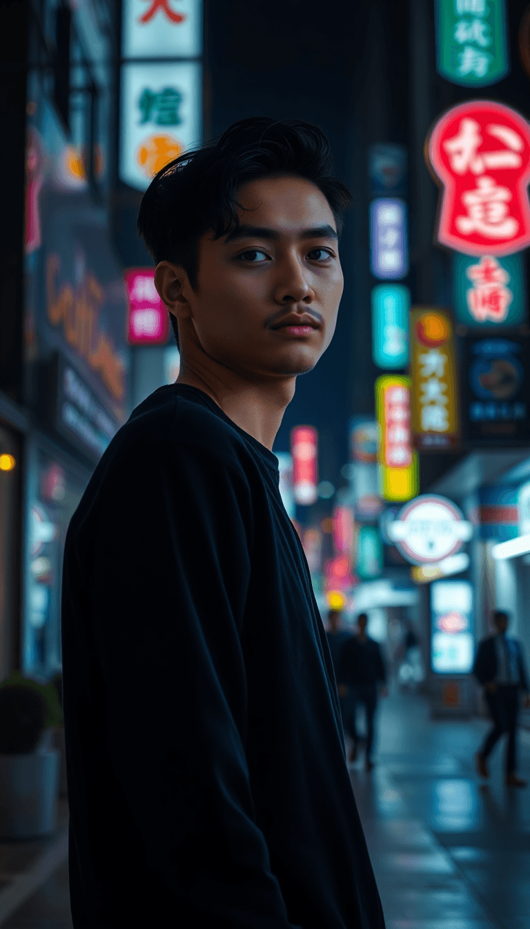 Ultra Realistic Cinematic Night-time Portrait Wallpaper Of A Confident And Attractive Young Person Standing In A Softly Illuminated Modern City Street At Night, Surrounded By Blurred Neon Signs And Re