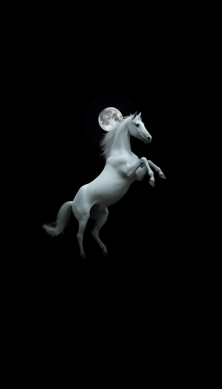 Dark Bckground Night With Moon Shining And White Horse In Action Like 2 Legs In Air