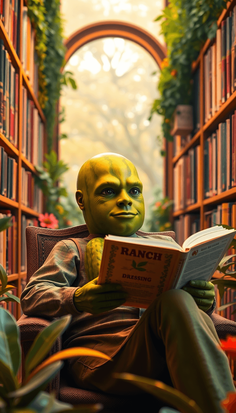 Close-up Of Pickle-man Sitting In The Library, Reading A Book About Ranch Dressing