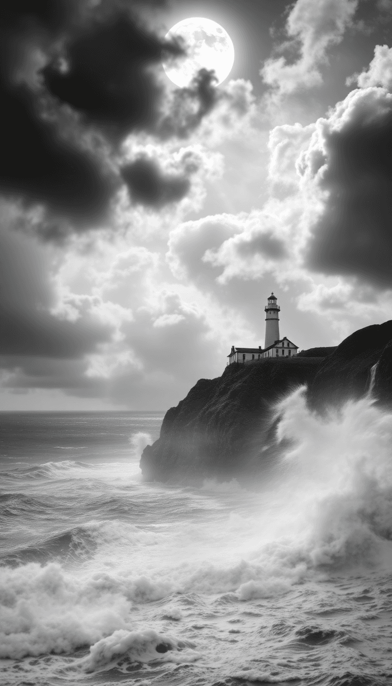 A Stormy Sea, Under A Dark Night Sky, With A Lighthouse Standing On A Rocky Mountainous Cliff Overlooking The See In Black And White, Grey Monotone